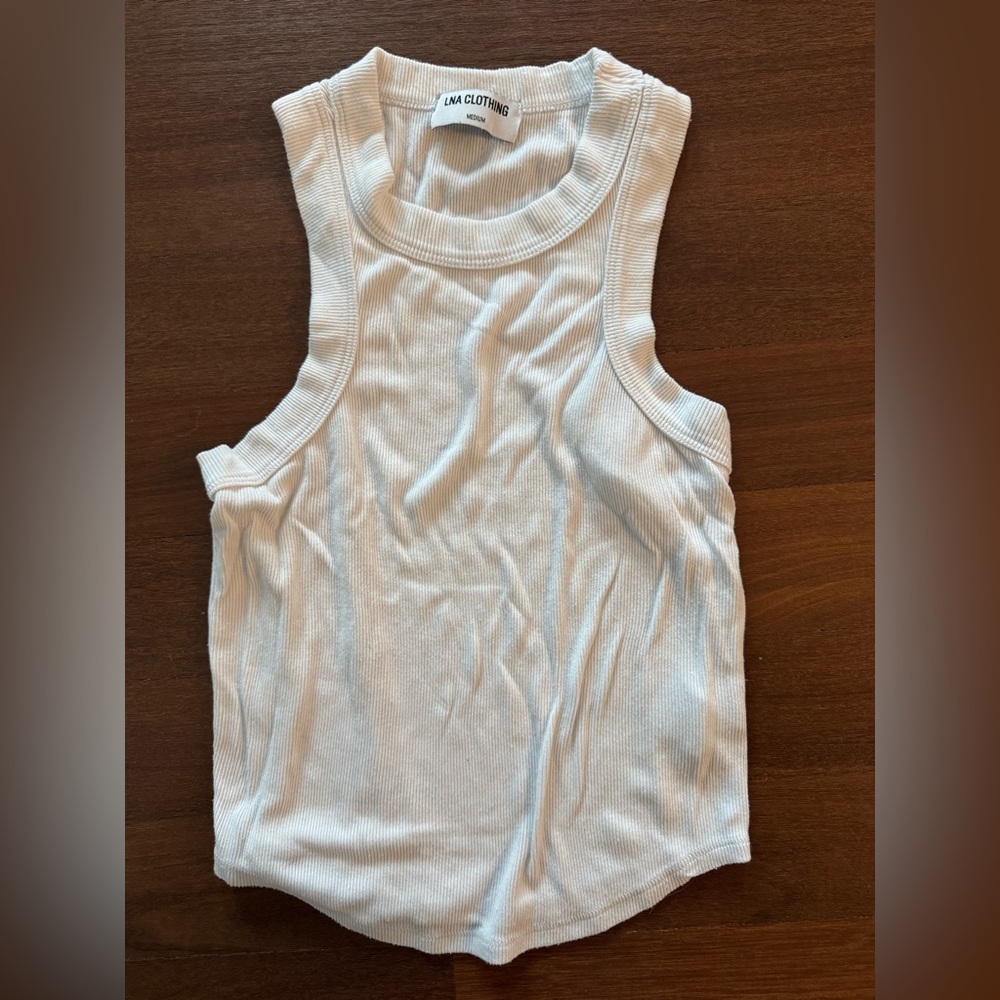LNA Tank Top M White Ribbed Shirt Round Neck Sleeveless